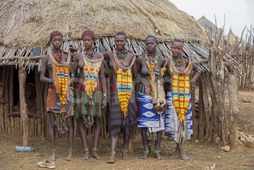 Five young black women of the Hamar / Hamer tribe in traditional dress ...