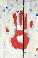 Handprint, painted fence, des...