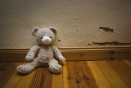 Teddy bear sitting on a woode...