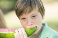 Portrait of boy eating slice ...