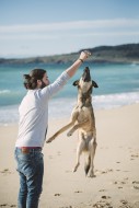 Man playing with his mongrel ...