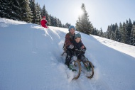 Children tobogganing in the snow