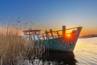 Fishing boat along reed bed a...